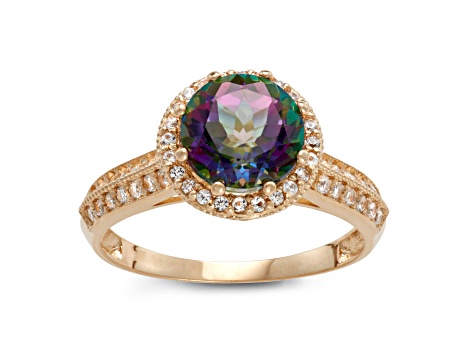 Round Mystic Fire Topaz and Lab Created White Sapphire 10K Yellow Gold Halo Ring 2.32ctw