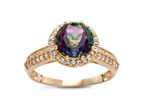 Round Mystic Fire Topaz and Lab Created White Sapphire 10K Yellow Gold Halo Ring 2.32ctw