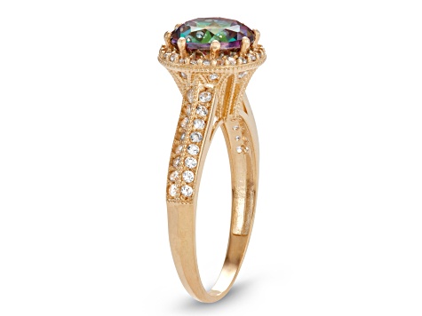 Round Mystic Fire Topaz and Lab Created White Sapphire 10K Yellow Gold Halo Ring 2.32ctw