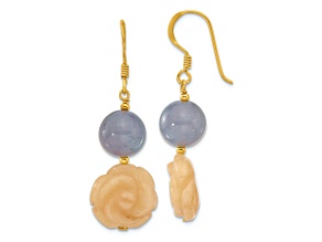 14K Gold Over Sterling Silver Blue Agate and Yellow Jadeite Flower Earrings