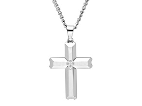 Stainless Steel and Diamond Accent Scalloped Edge Cross Pendant With Chain 0.05ctw