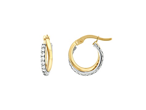 14K Two Tone Yellow-White Gold 13.20mm Overlapping Tube CZ Mini Hoop Earrings