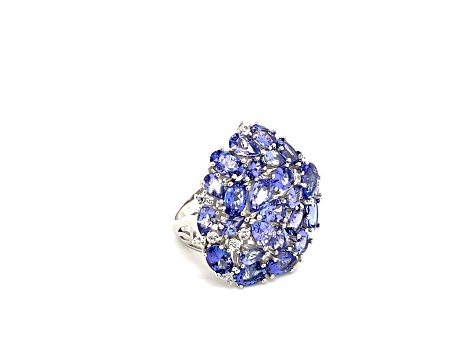 Rhodium Over Sterling Silver Mixed Shape Tanzanite and White Zircon Ring 9.17ctw