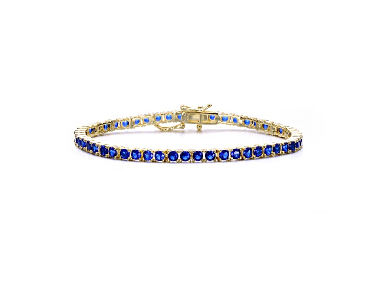 Sapphire Blue 3mm Cubic Zirconia, 14k Gold Plated over Brass Tennis Bracelet 5.5ctw