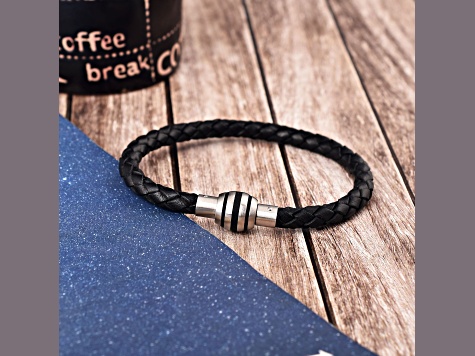 Mens Black Leather Braided Rope Bracelet with Stainless Steel