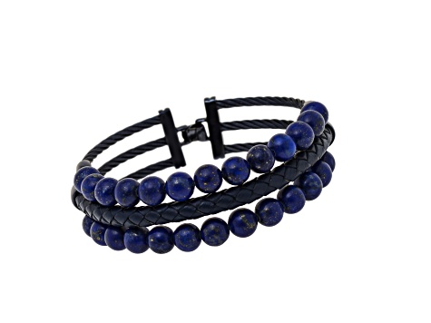 Blue Lapis Stainless Steel and Leather Layered Bracelet