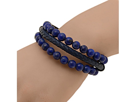 Blue Lapis Stainless Steel and Leather Layered Bracelet