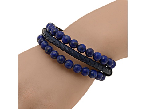 Blue Lapis Stainless Steel and Leather Layered Bracelet