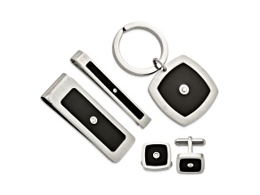 White Cubic Zirconia And Black Enamel Stainless Steel Boxed Set