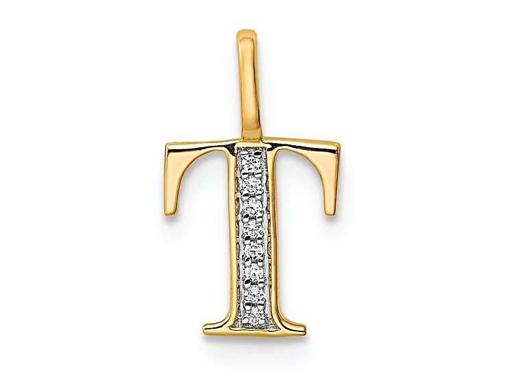 10k Yellow Gold and Rhodium Over 10k Yellow Gold Diamond Letter T Initial Pendant