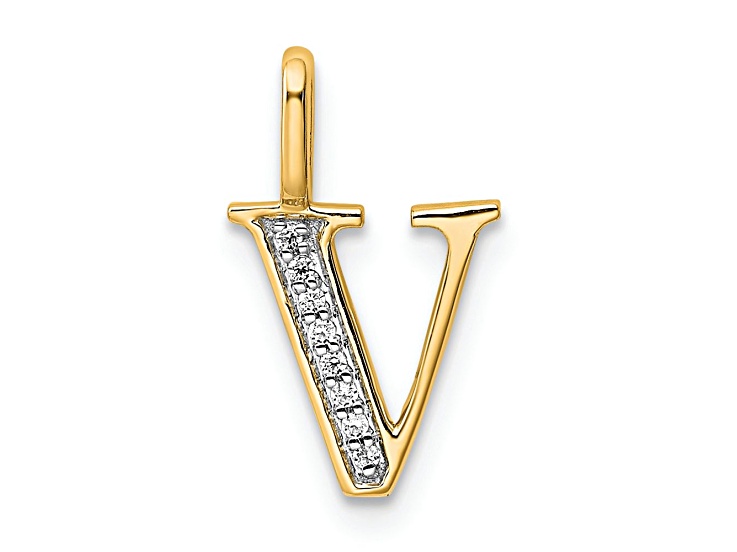 10k Yellow Gold and Rhodium Over 10k Yellow Gold Diamond Letter V Initial Pendant
