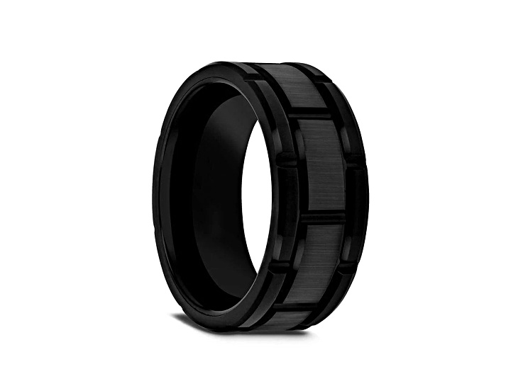 WINDSOR Beveled Black Tungsten Carbide Wedding Band with Brushed Finish and Alternating Grooves 10mm