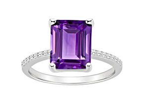 10x8mm Emerald Cut Amethyst and 1/10 ctw Diamond Rhodium Over Sterling Silver Ring