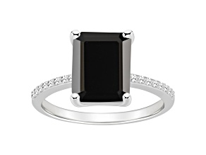 10x8mm Emerald Cut Black Onyx and 1/10 ctw Diamond Rhodium Over Sterling Silver Ring