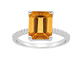 10x8mm Emerald Cut Citrine and 1/10 ctw Diamond Rhodium Over Sterling Silver Ring