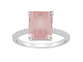 10x8mm Emerald Cut Rose Quartz and 1/10 ctw Diamond Rhodium Over Sterling Silver Ring