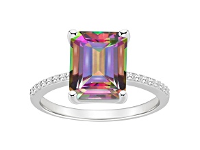 10x8mm Emerald Cut Mystic Topaz and 1/10 ctw Diamond Rhodium Over Sterling Silver Ring
