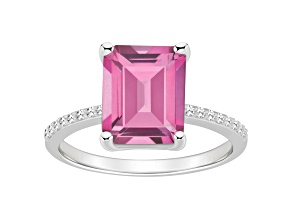 10x8mm Emerald Cut Pink Topaz and 1/10 ctw Diamond Rhodium Over Sterling Silver Ring