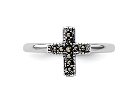 Rhodium Over Sterling Silver Stackable Expressions Marcasite Cross Ring