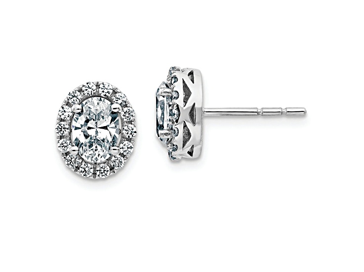 Rhodium Over 14K White Gold Oval Halo G H I True Light Moissanite Earrings