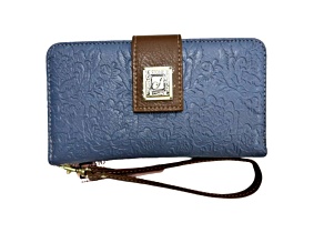 Stone Mountain Cornell Batik Embossed Leather Large Tab Zip Around Wallet/Wristlet Strap Denim Color