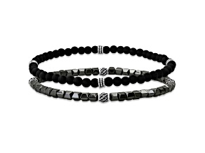 Men's Black and Gray Lava Rock Beaded Bracelet Set