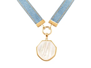 Barse Jewelry Blue Denim Dreams White Mother of Pearl Ribbon Golden Pendant Necklace