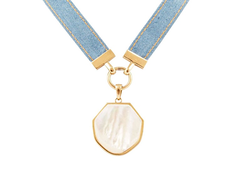 Barse Jewelry Blue Denim Dreams White Mother of Pearl Ribbon Golden Pendant Necklace