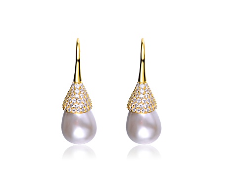 Clear Cubic Zirconia and Pearl, 14K Gold Plated over Sterling Silver Bulb Earrings