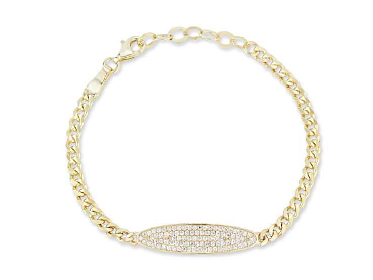 Sterling Statements 14K Yellow Gold Over Sterling Silver Pave ID Bar Curb Chain Bracelet
