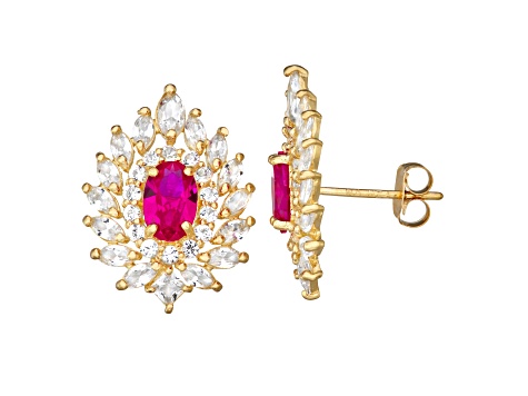 Oval Lab Created Ruby 10K Yellow Gold Stud Earrings 2.30ctw