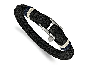 Woven Black Cotton and Stainless Steel Polished 8.5-inch Bracelet
