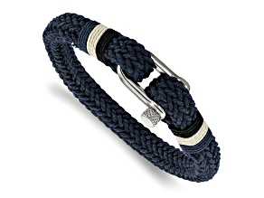 Woven Navy Cotton and Stainless Steel Polished 8.5-inch Bracelet