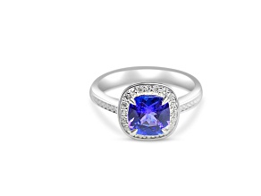 7mm Cushion Tanzanite and White CZ Rhodium Over Sterling Silver Ring, 1.43ctw