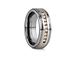 HARPER Tungsten Wedding Band with Raised Center & Brushed Silver Inlay and White Diamonds - 8mm
