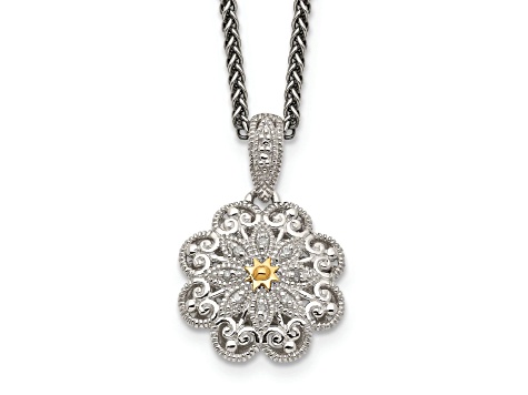 Sterling Silver Antiqued with 14K Accent Diamond Vintage Necklace