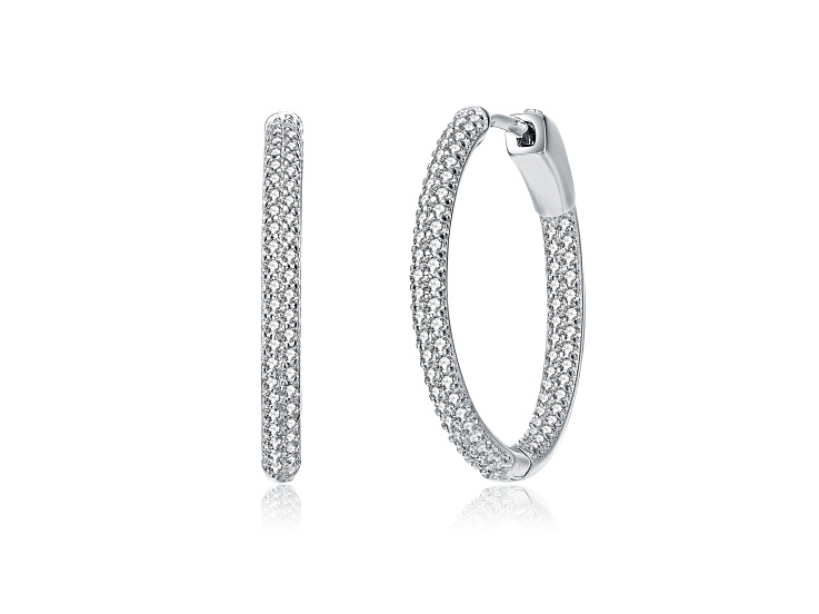 Clear Cubic Zirconia, Rhodium Plated over Sterling Silver Encrusted Slim Hoop Earrings