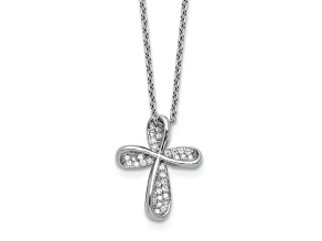 Rhodium Over Sterling Silver Polished Cubic Zirconia Cross with 2 Inch Extension Necklace