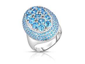Blue Pave Cubic Zirconia, Rhodium Plated over Sterling Silver Oval Dome-Shaped Ring