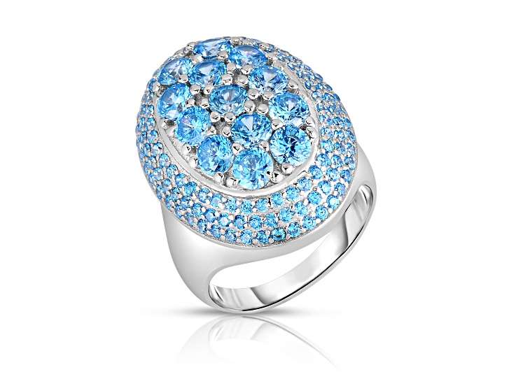 Blue Pave Cubic Zirconia, Rhodium Plated over Sterling Silver Oval Dome-Shaped Ring