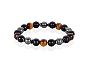 Invicta Jewelry Men's Tiger Eye with Onyx and Hematite Stone Bead Stretch Bracelet (10mm)