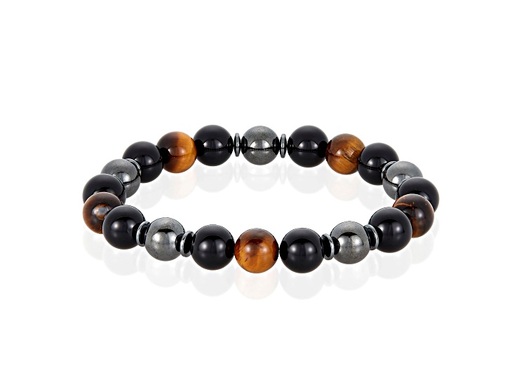 Invicta Jewelry Men's Tiger Eye with Onyx and Hematite Stone Bead Stretch Bracelet (10mm)