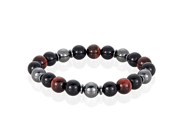 Invicta Jewelry Men's Red Tiger Eye with Onyx and Hematite Stone Bead Stretch Bracelet (10mm)