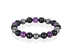 Invicta Jewelry Men's Amethyst with Onyx and Hematite Stone Bead Stretch Bracelet (10mm)