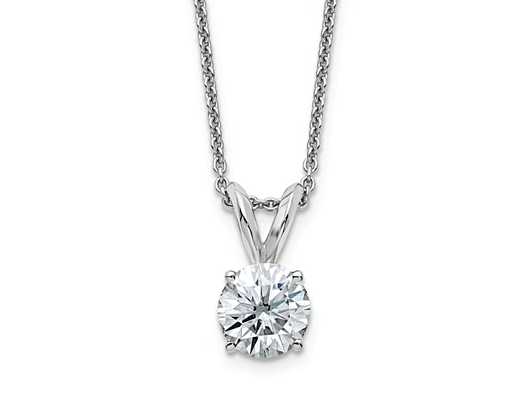 Rhodium Over 14K Gold 1 ct. 6.5mm Round D E F Pure Light Moissanite Solitaire Pendant with Chain