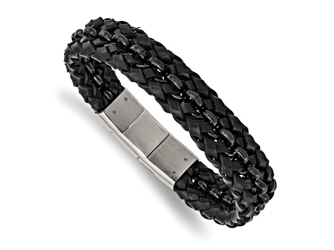 Black Leather and Stainless Steel Polished Black IP-plated with 0.5-inch Extension Bracelet