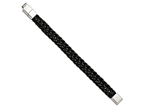 Black Leather and Stainless Steel Polished Black IP-plated with 0.5-inch Extension Bracelet