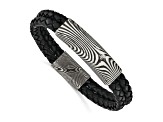 Black Leather and Stainless Steel with Damascus Steel Bracelet