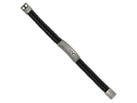 Black Leather and Stainless Steel with Damascus Steel Bracelet