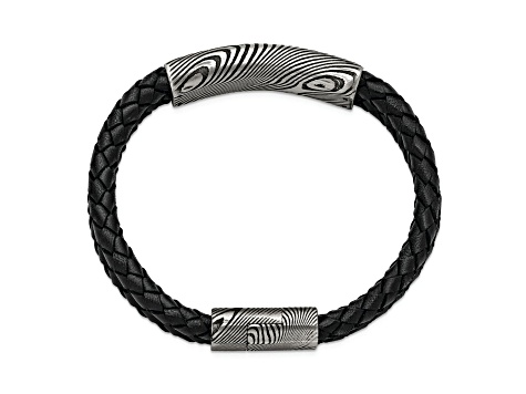 Black Leather and Stainless Steel with Damascus Steel Bracelet